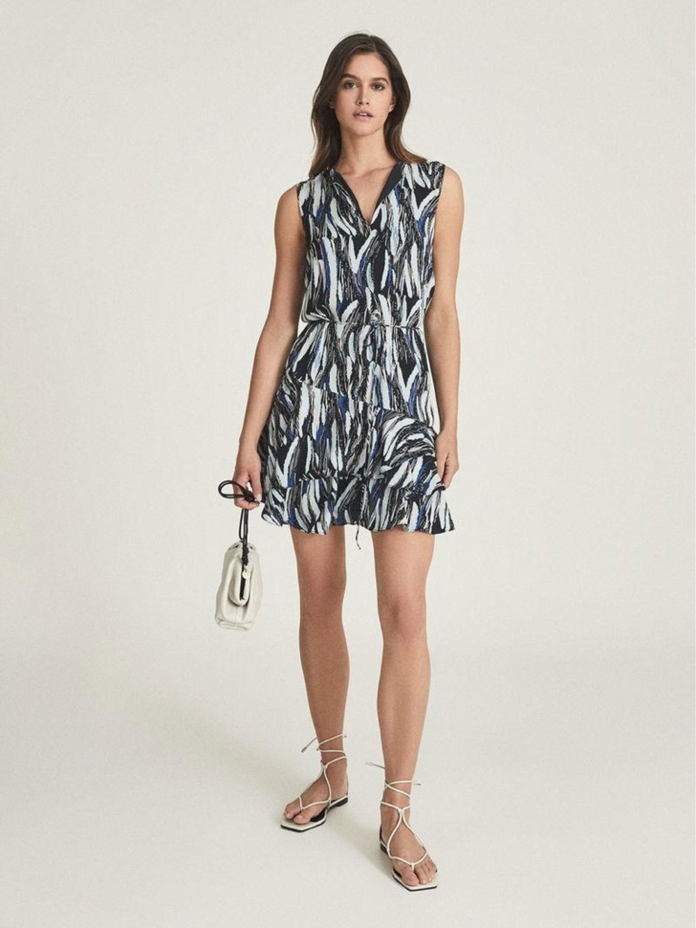 Reiss Blue White Sleeveless Ruffle Hem Printed Abstract Dress in Size 8 Resort